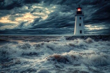 Obraz premium A beacon on a rugged coastline under grey skies