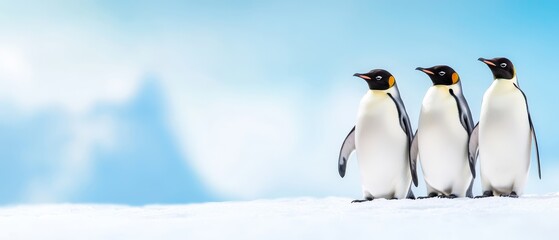 Naklejka premium Three penguins stand together on a snow-covered ground beneath a blue sky