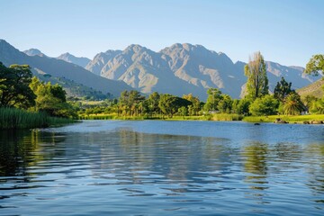 Fototapeta premium A serene lake scene with mountains visible in the distance