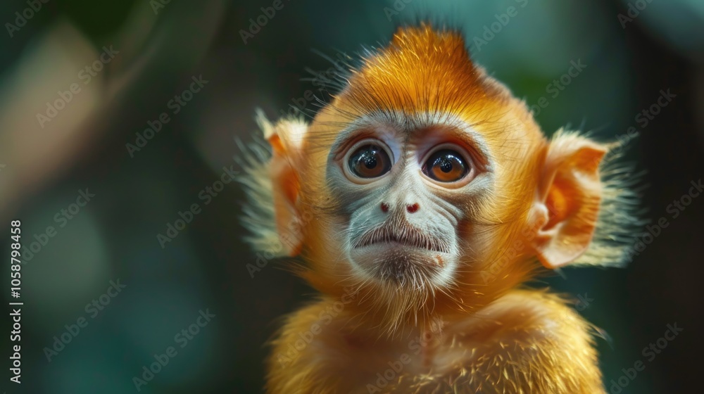 Poster a close-up shot of a monkey's face with a blurred background, ideal for use in illustrations or grap