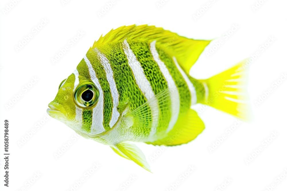 Poster a close-up shot of a fish on a white background, suitable for use in food or pet-related contexts