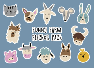 Funny farm animals sticker pack. Hand drawn animal faces including cow, pig and sheep. Colorful stickers for your diary, postcards and posters.