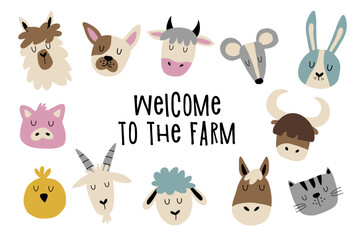 Obraz premium Cute farm animals set. Faces of farm animals. Sheep, goat, horse, cow and others.