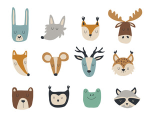 Forest animals collection. Faces of wild animals drawn by hand. Vector illustrations for design of children's clothes, posters, greeting cards and invitations for children's party.