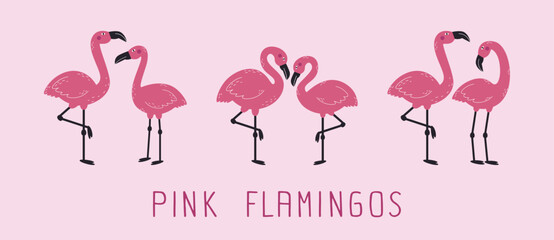 Pink Flamingos Collection. Lovebirds set. Exotic pink flamingo bird.