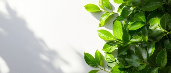 Fototapeta premium A tight shot of a verdant plant against a pristine white wall, with a person's cast shadow gracing the surface behind it