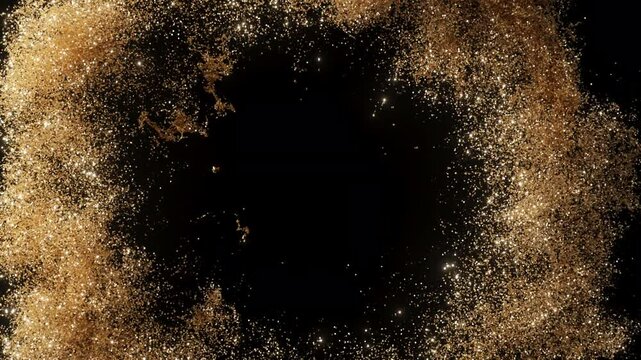 Gold heart shape explosion with golden shiny particles like a smok on a black and dark background. Holiday background.