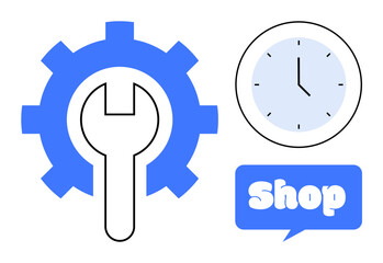 Blue cog with wrench, analog clock, and shop sign. Ideal for maintenance, customer service, working hours, mechanical services, business promotion. Simple vector style