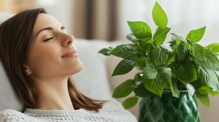 Fototapeta premium Beautiful young female relaxing on sofa with closed eyes taking deep morning breath for meditation along with green plant vase. Mental wellness and relaxation concept
