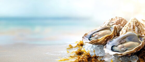  A cluster of oysters atop a mound of seaweed, on a sandy shore adjacent to the ocean