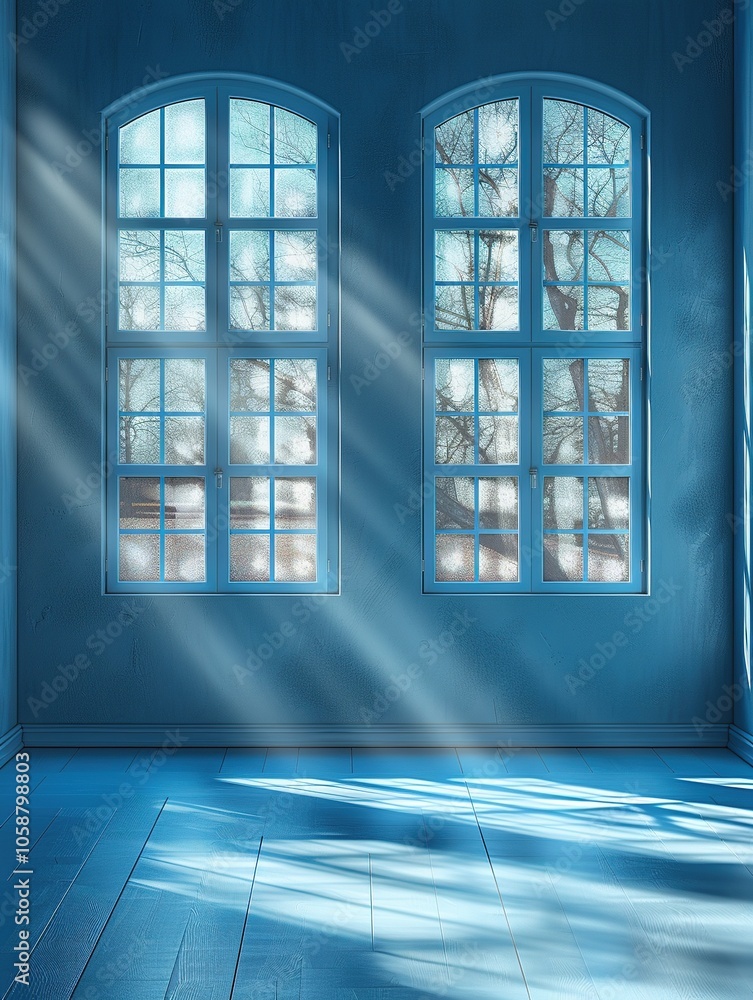 Poster a serene blue room with large windows allowing sunlight to stream through, creating a tranquil atmos