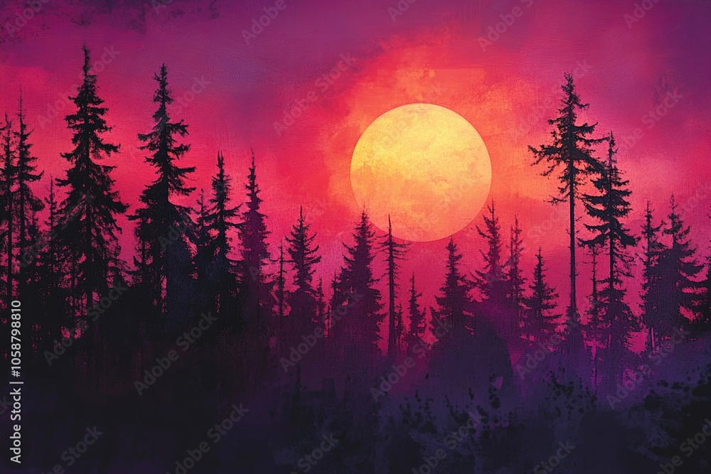 Poster a peaceful scene of the sun setting behind trees in a forest