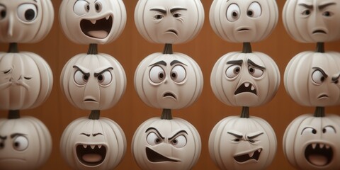 Obraz premium A collection of white pumpkins with carved faces, perfect for fall decorations or Halloween displays