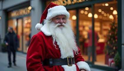 A jolly Santa Claus in a red suit, with a lush white beard and hat, stands on a busy city street, capturing the holiday spirit around the shops and lights.