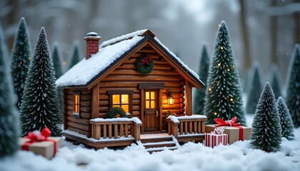 A quaint log cabin with warm lights, surrounded by snow-laden trees and festive decorations, evokes winter charm and holiday spirit in a tranquil setting.