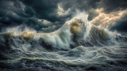 Dramatic ocean storm captures turbulent weather with crashing waves and a cloudy sky. This ocean storm photo reflects natures power, energy, and raw atmospheric scenery.