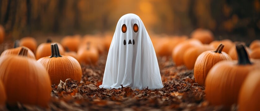  A field of pumpkins, each sporting unique faces, surrounds a central ghost figure
