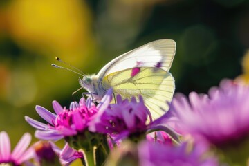 Obraz premium A small white butterfly perches on the petals of a vibrant purple flower