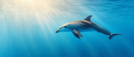  A dolphin swims in the ocean, sunlight glinting on its dorsal fin and back, as its head breaks the surface