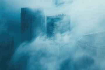 Naklejka premium A futuristic cityscape with towering skyscrapers and cloudy atmosphere, ideal for sci-fi or futuristic concepts