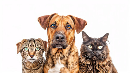 Obraz premium Portrait of two cute dogs and a cat isolated against a white background.