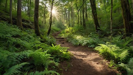 Fototapeta premium Lush forest with winding trails, serene and lively atmosphere.