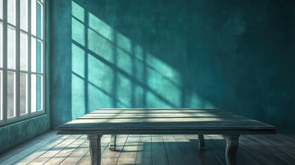 Dark wooden table set against walls in a teal hue, complemented by windows, creates a harmonious atmosphere. Ideal for presentations with ample copy space for your designs.