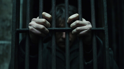 Obraz premium Close-up of hands gripping prison bars, capturing a moment of confinement, isolation, and a sense of loss of freedom.