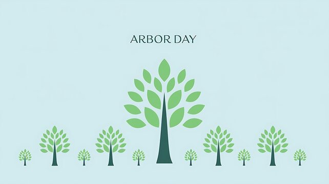 Stylized Green Trees with "Arbor Day" Text on a Light Blue Background