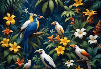 Tropical exotic pattern with animal and flowers in bright colors and lush vegetationn