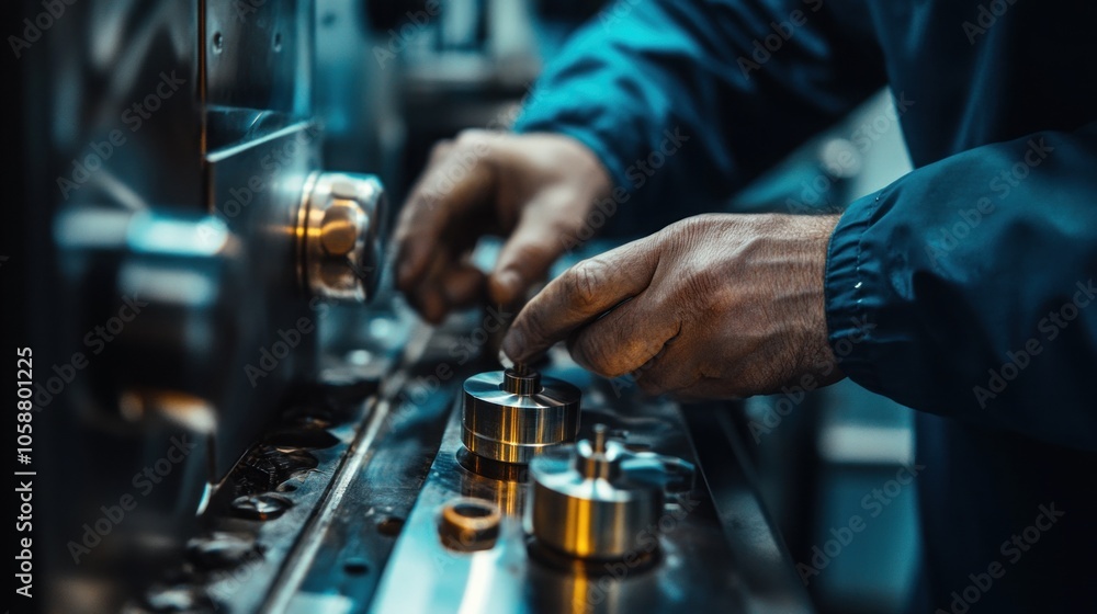Poster close-up of a mechanic's hands adjusting a machine in a factory.