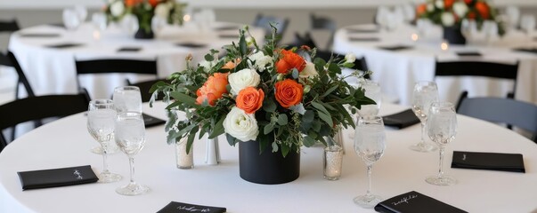 Birthday party with live music, elegant centerpieces on each table, seamless coordination ensuring a smooth event, festive and lively atmosphere