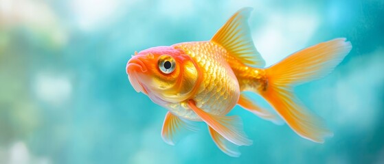  A goldfish in focus against a blue aquarium background, with a softly blurred, sky-blue sky in the distance