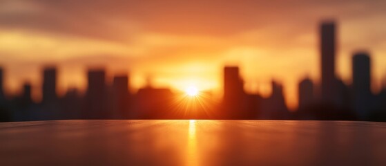  A crystal-clear image of a city skyline with the sun ascending beyond the horizon, mirrored on the water's surface