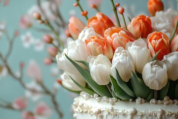 A beautiful vase filled with many white and orange flowers