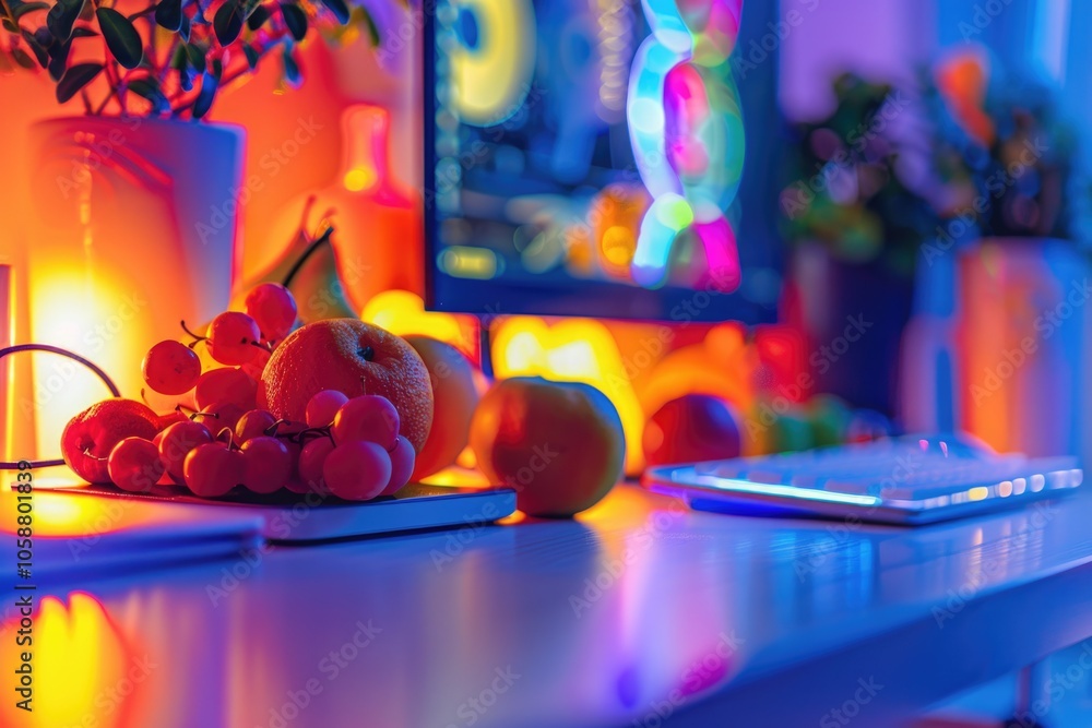 Poster a computer monitor sits atop a desk with various fruits nearby