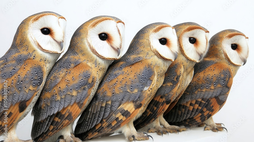 Poster five barn owls lined up side by side on a smooth surface generative ai
