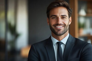 Fototapeta premium Smiling Businessman in Blue Suit with Black Tie - Office Portrait