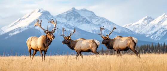 Fototapeta premium A herd of elk stands atop a dry grassy field, adjacent to a snow-covered mountain crowned with snow