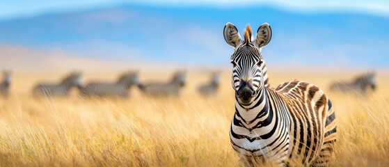 Obraz premium A zebra stands amidst a field of tall grass, surrounded by a herd in the background