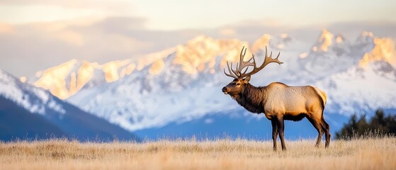  A large elk atop a dry grass-covered field, adjacent to a snow-capped mountain range