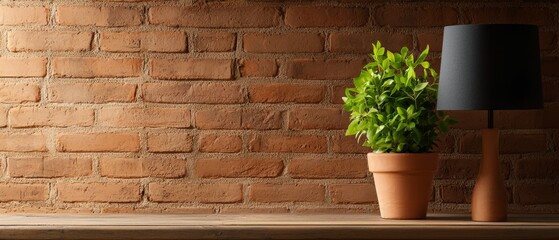  A potted plant atop a wooden table, nearby a lamp on the same table