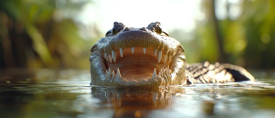  A tight shot of a crocodile's head submerged in water, surrounded by trees and lush bushes in the background