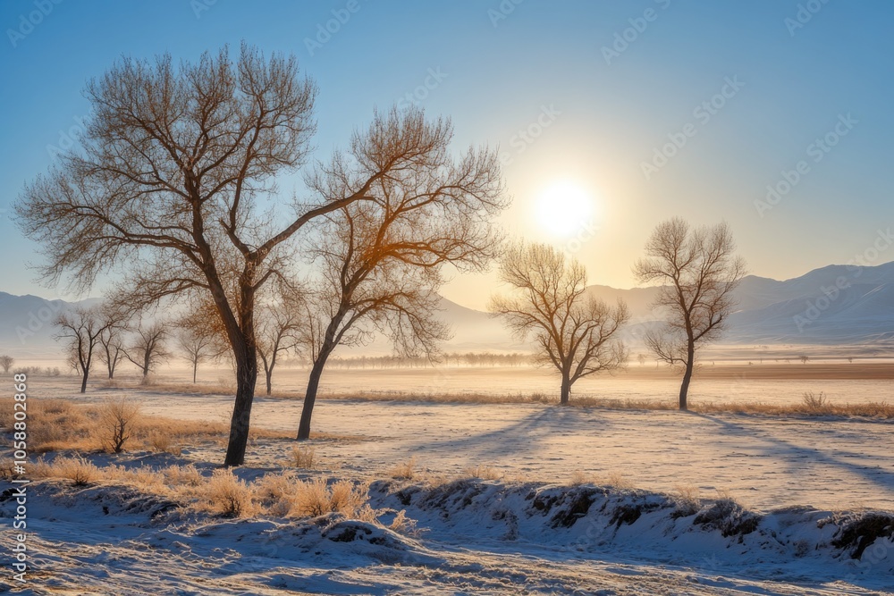 Poster A snow-covered field with trees in the foreground