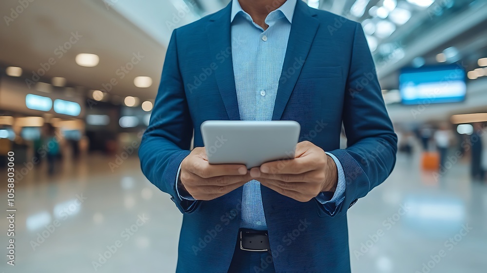 Poster businessman using tablet in airport subtle blur background with space for custom text