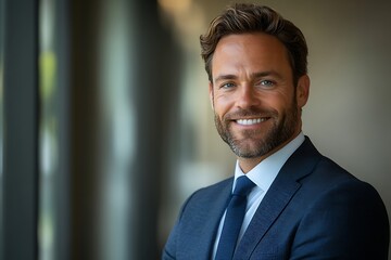 Fototapeta premium Smiling Businessman in Blue Suit with Tie, Office Background