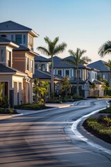 Obraz premium A residential street lined with houses and palm trees, perfect for use in real estate or travel images