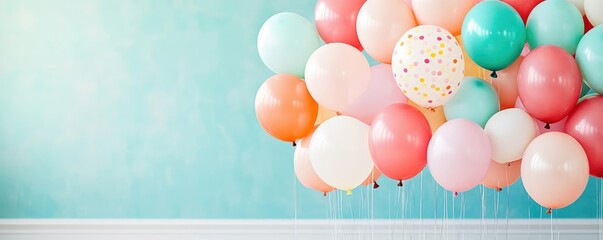 Simple yet elegant birthday party with a budget focus, balloons in pastel tones, intimate setting, cheerful and inviting atmosphere