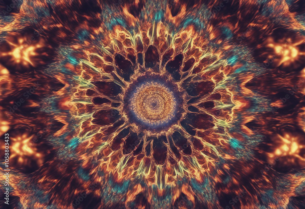 Wall mural 3d kaleidoscope mandala abstract background of trippy art psychedelic trance to open third eye with