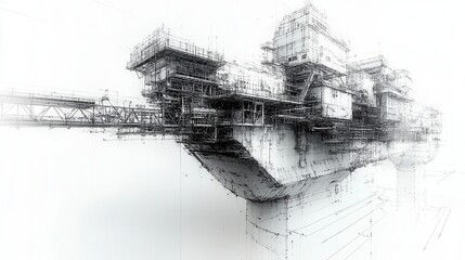 Fototapeta premium intricate sketch of industrial equipment in a wireframe style, showcasing layers of visible and invisible lines, creating a technical, modern aesthetic